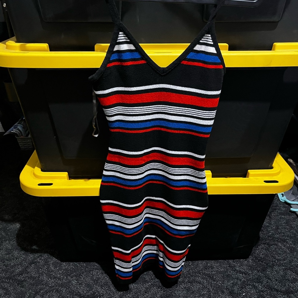 Striped Knit V-Neck Spaghetti Strap Dress - Black, Red, Blue, White